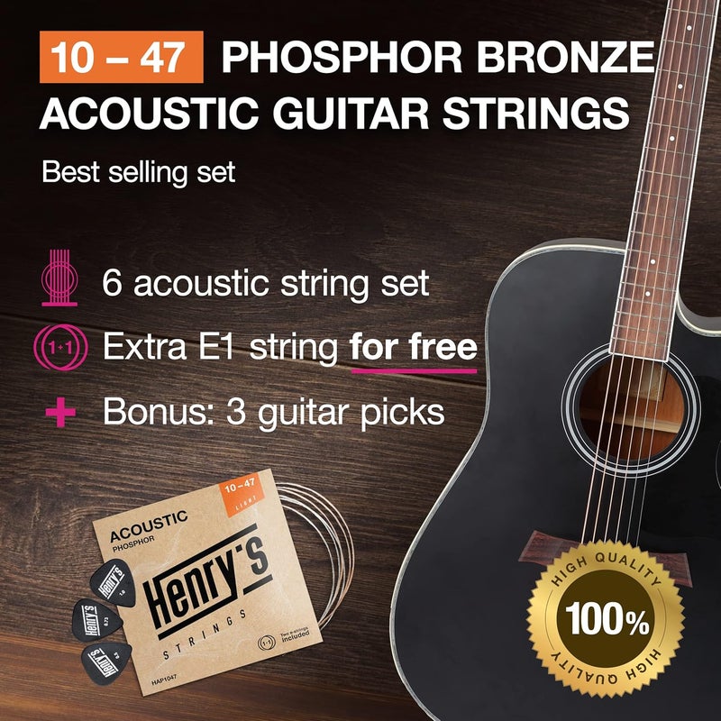 Henry's Strings Light Acoustic Guitar Strings 10-47 - Brilliant Sound & Extra E1 String & 3xGuitar Picks - Phosphor Bronze Guitar Strings Acoustic - Acoustic Guitar Strings 6 String Set - Image 2